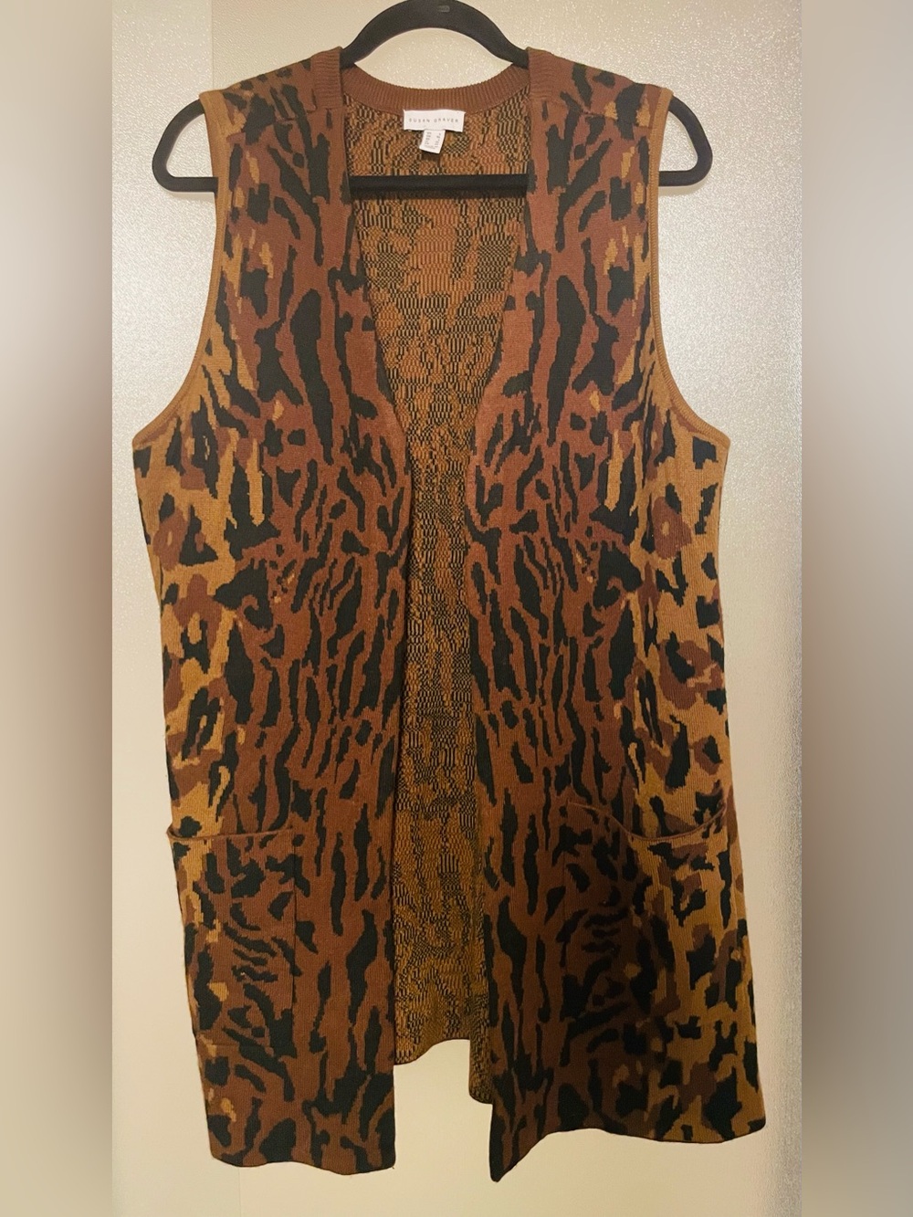 Susan Graver Sleeveless Open-Front Animal Print Vest in Brown and Black